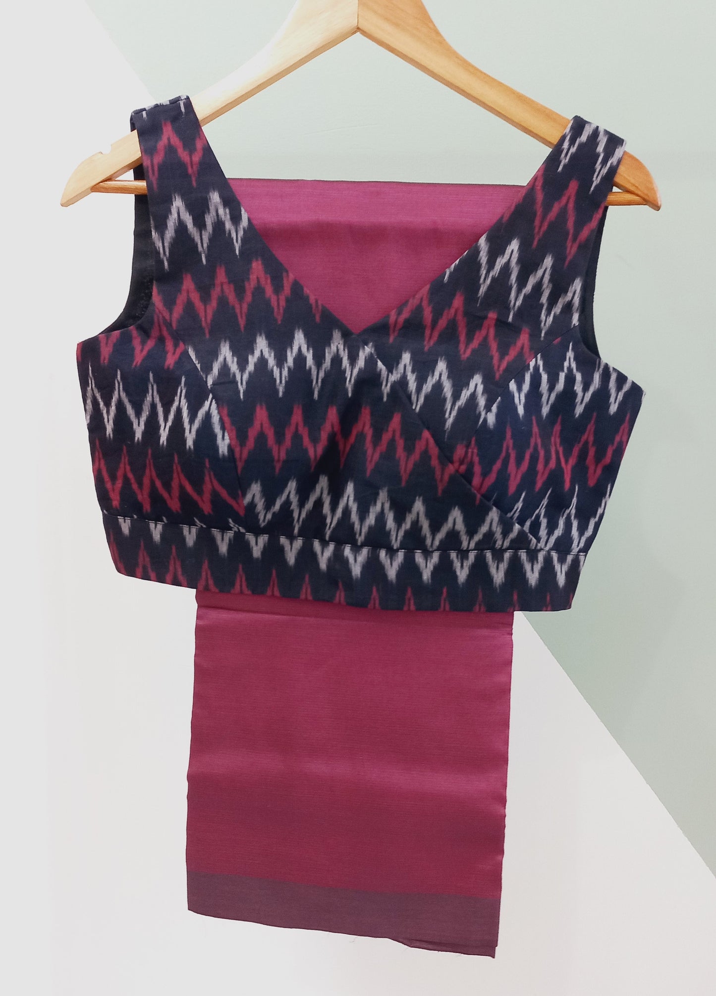 Front Over Lap Sleeveless Blouse -Black Ikkat Silk
