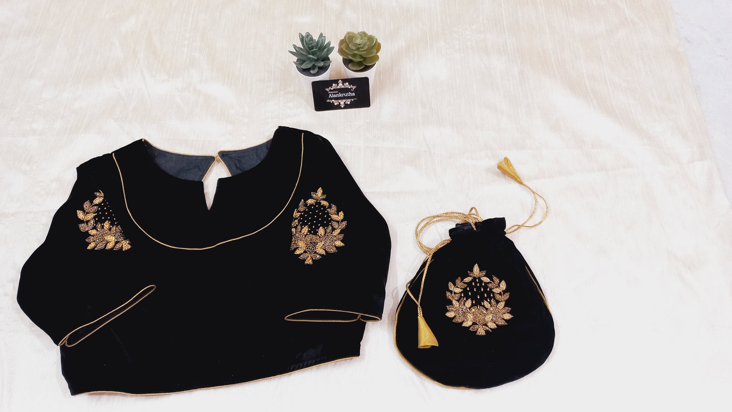 Black Velvet Hand embroidered Potli