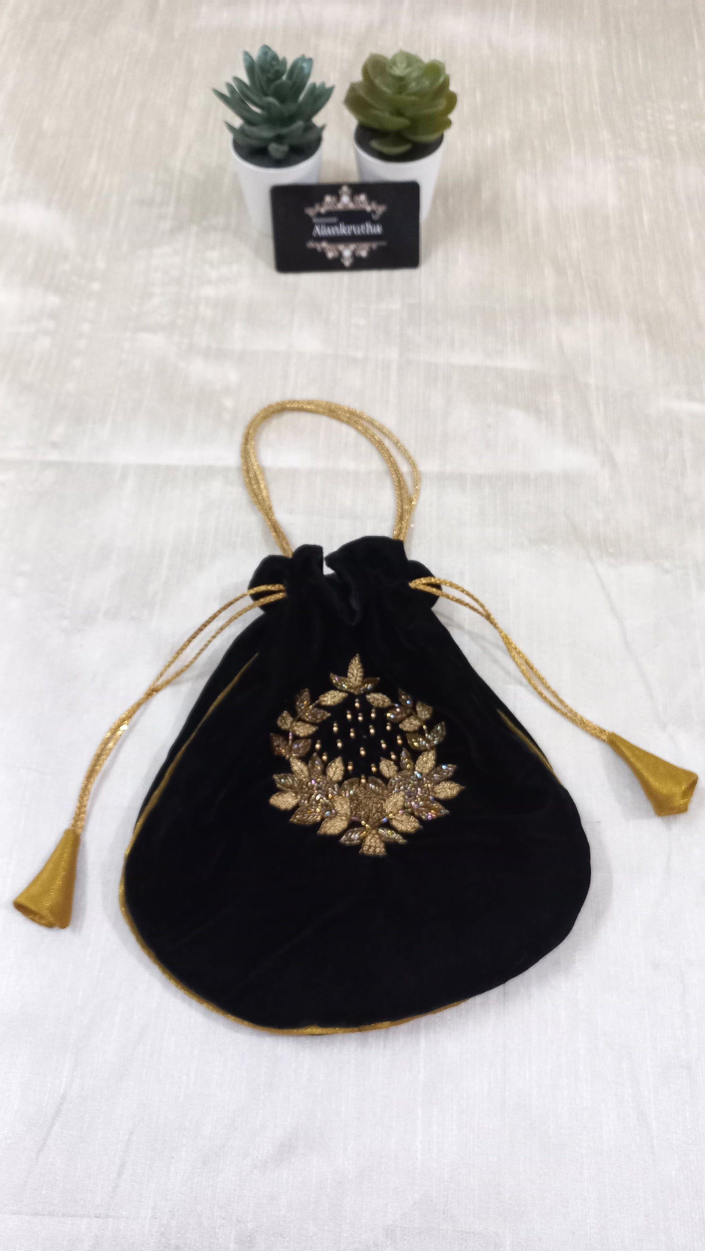 Black Velvet Hand embroidered Potli
