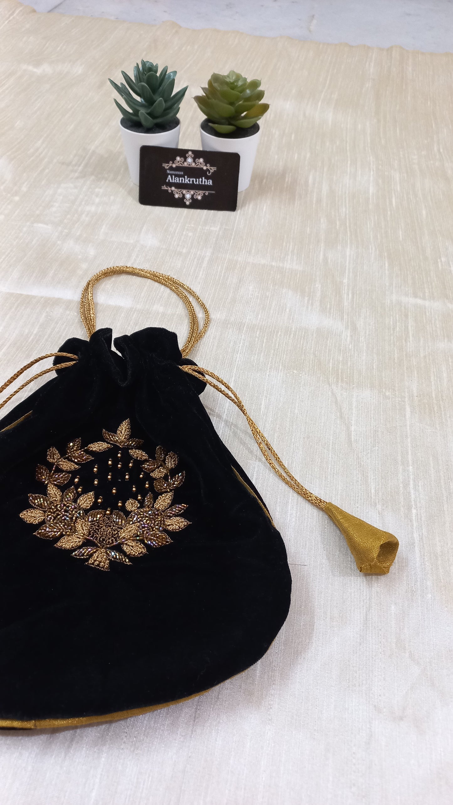 Black Velvet Hand embroidered Potli