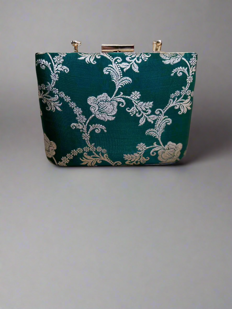 Bottle Green Brocade Clutch-Alankrutha