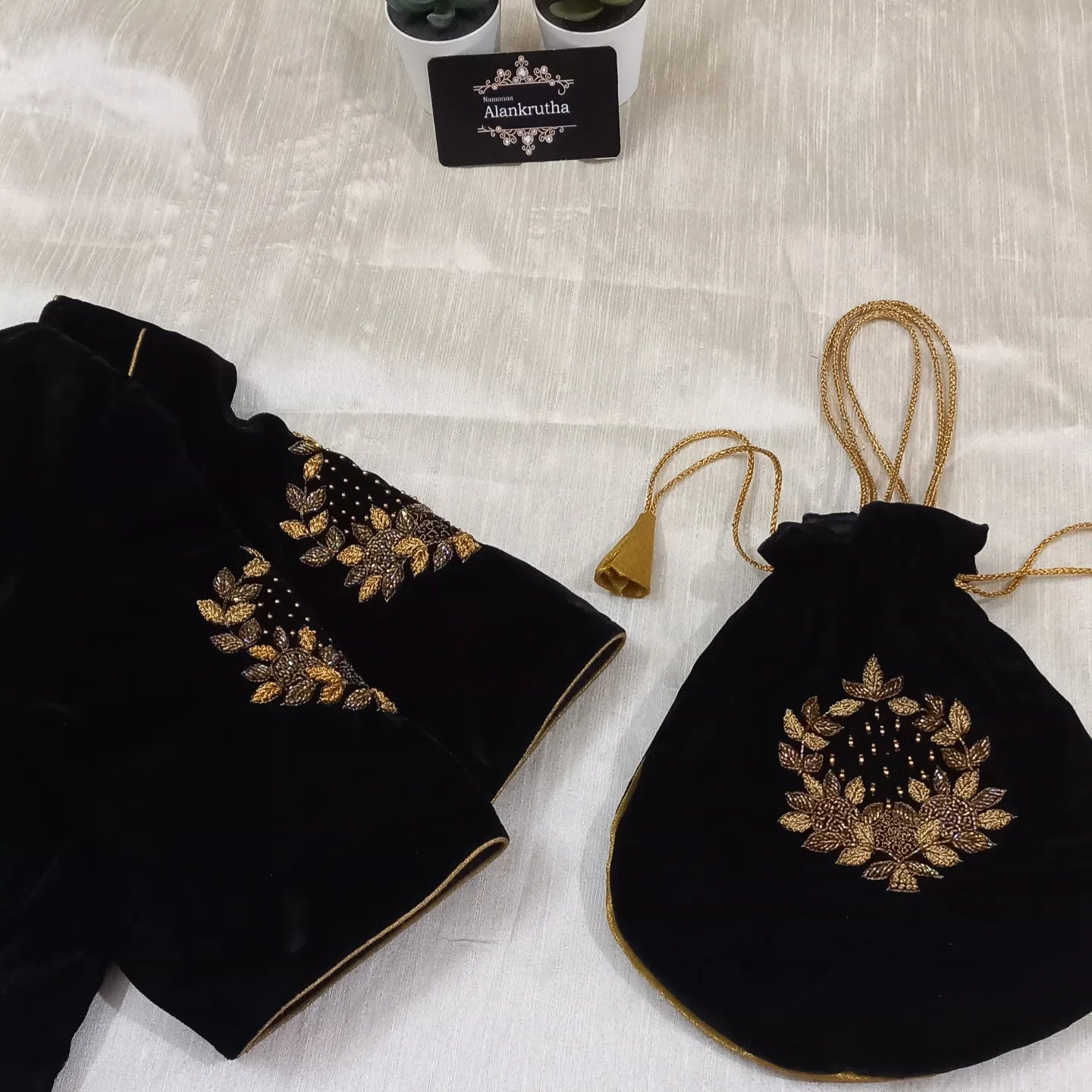 Black Velvet Hand embroidered Potli