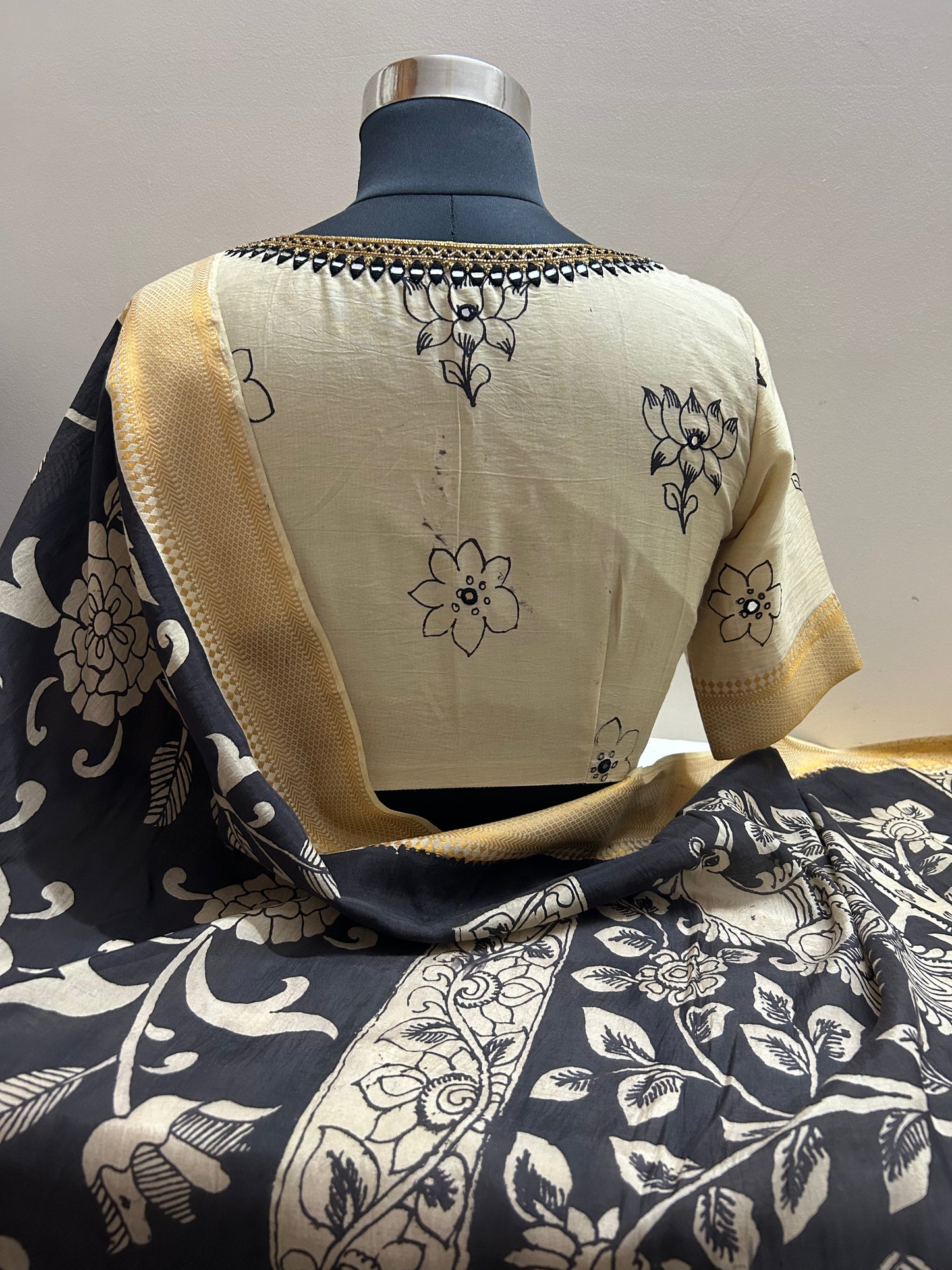 Black Pen Kalamkari Bangalore silk Saree