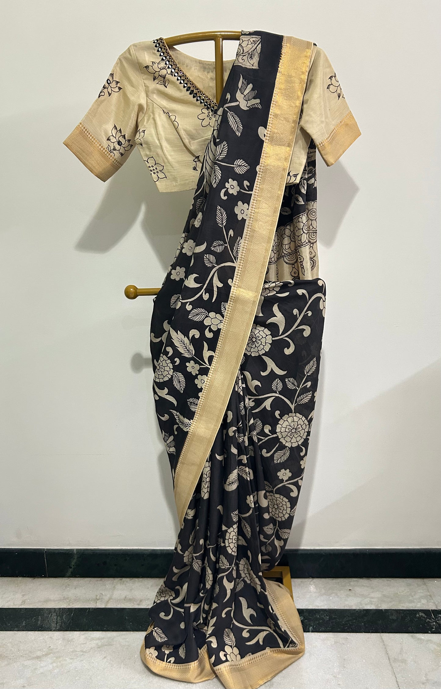 Black Pen Kalamkari Bangalore silk Saree