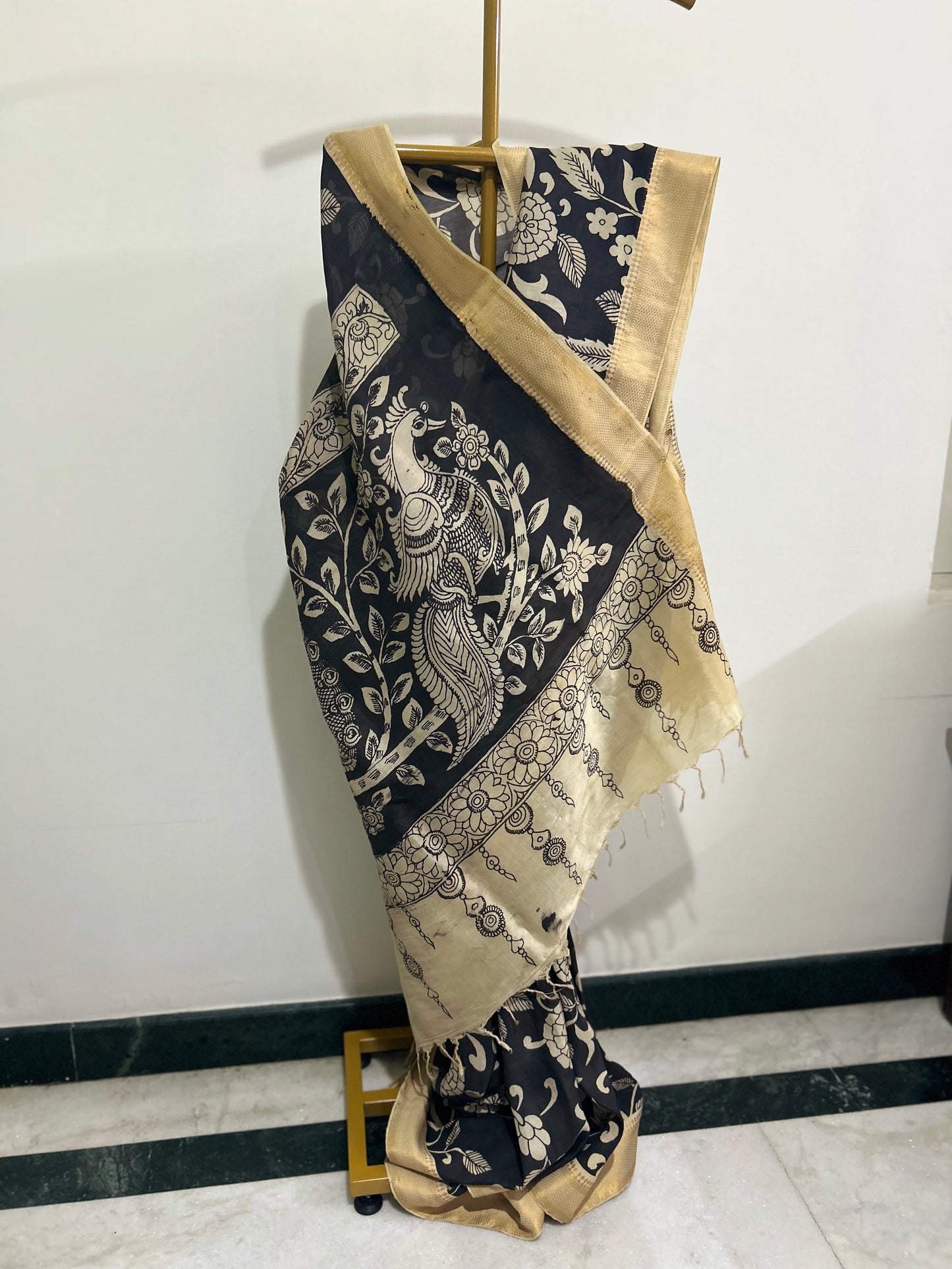 Black Pen Kalamkari Bangalore silk Saree