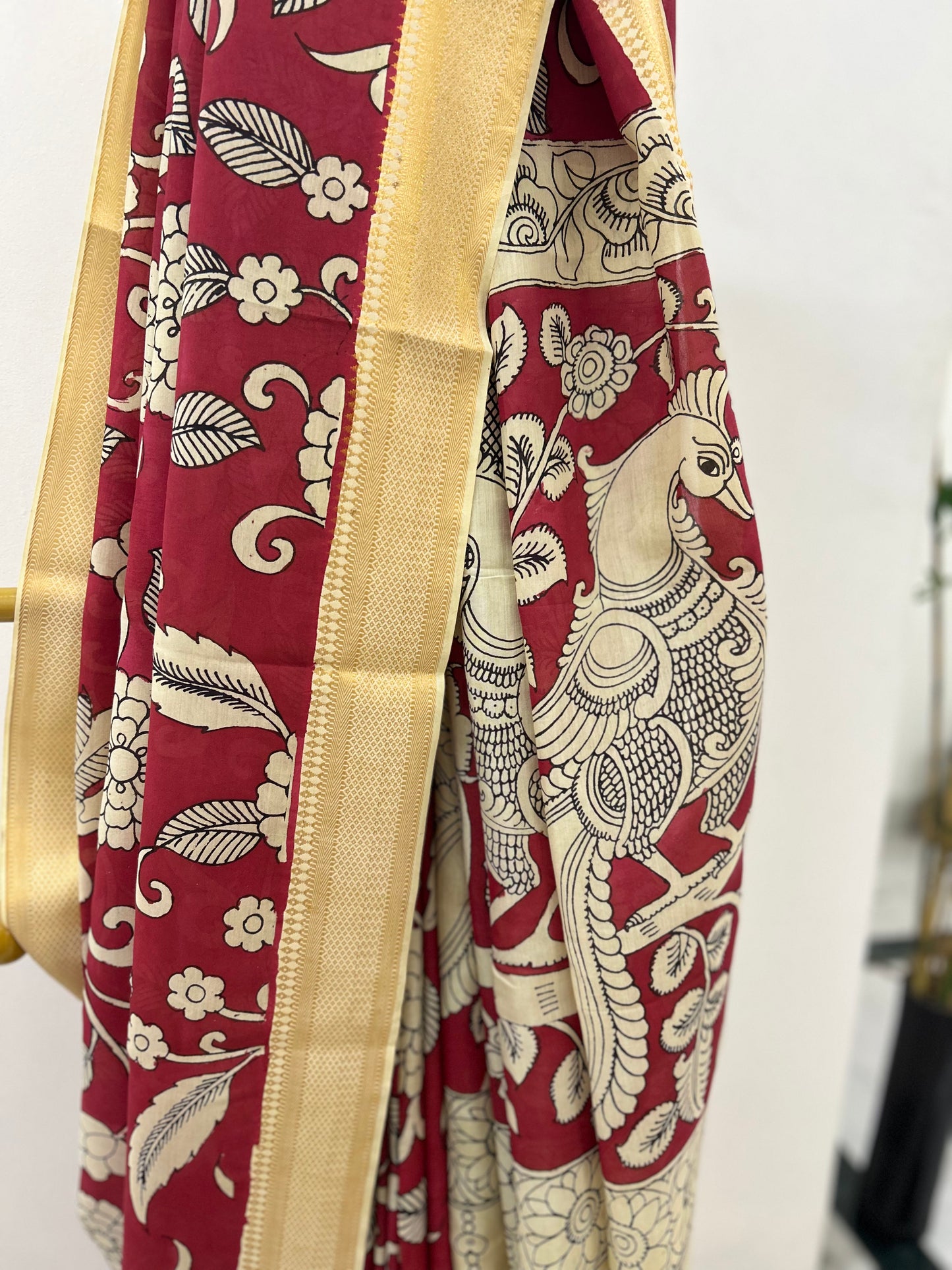 Red Pen Kalamkari Bangalore silk Saree