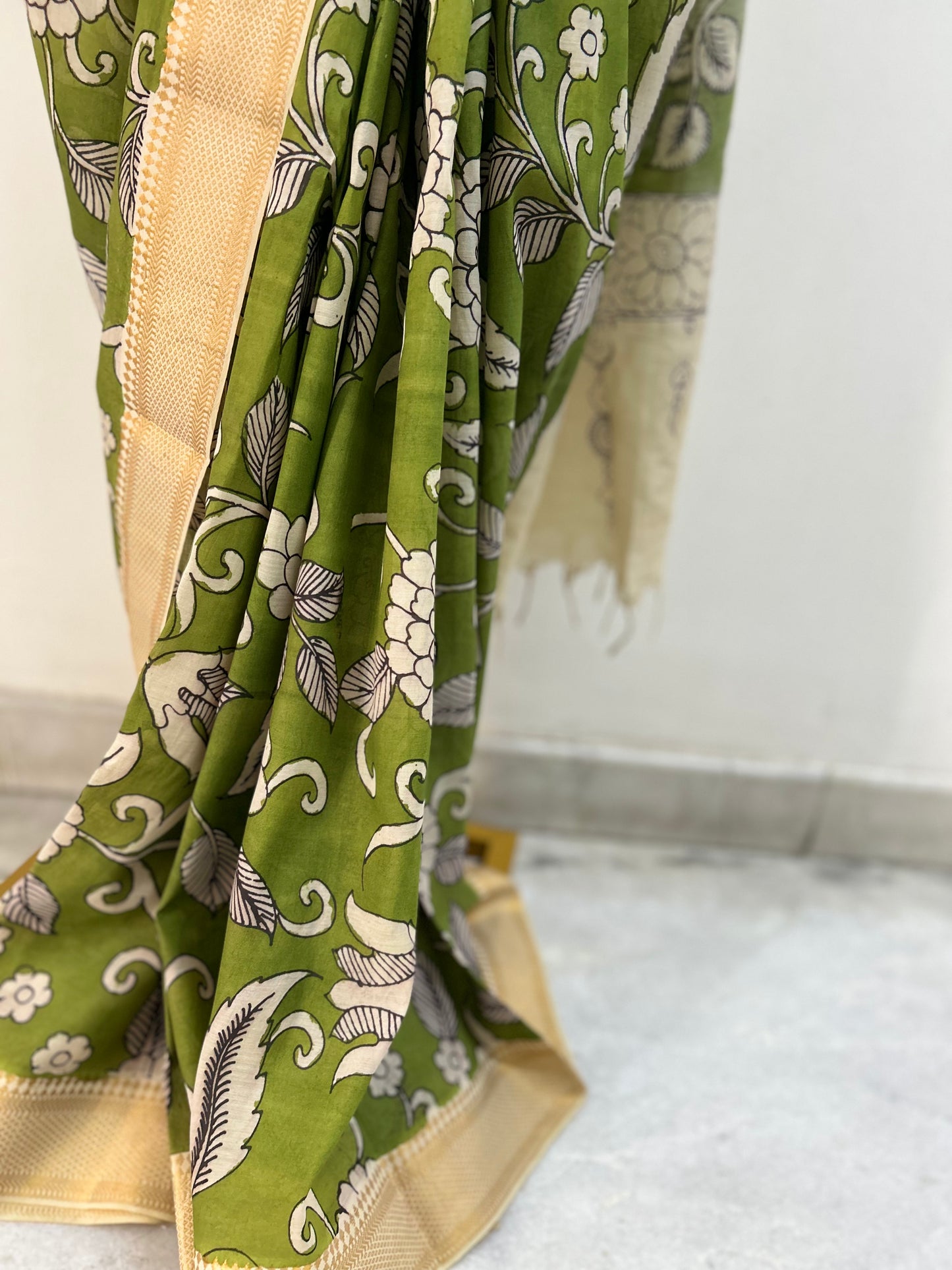 Green Pen Kalamkari Bangalore silk Saree