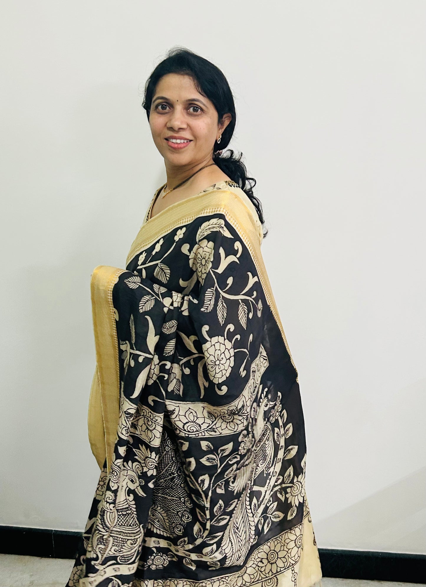 Black Pen Kalamkari Bangalore silk Saree