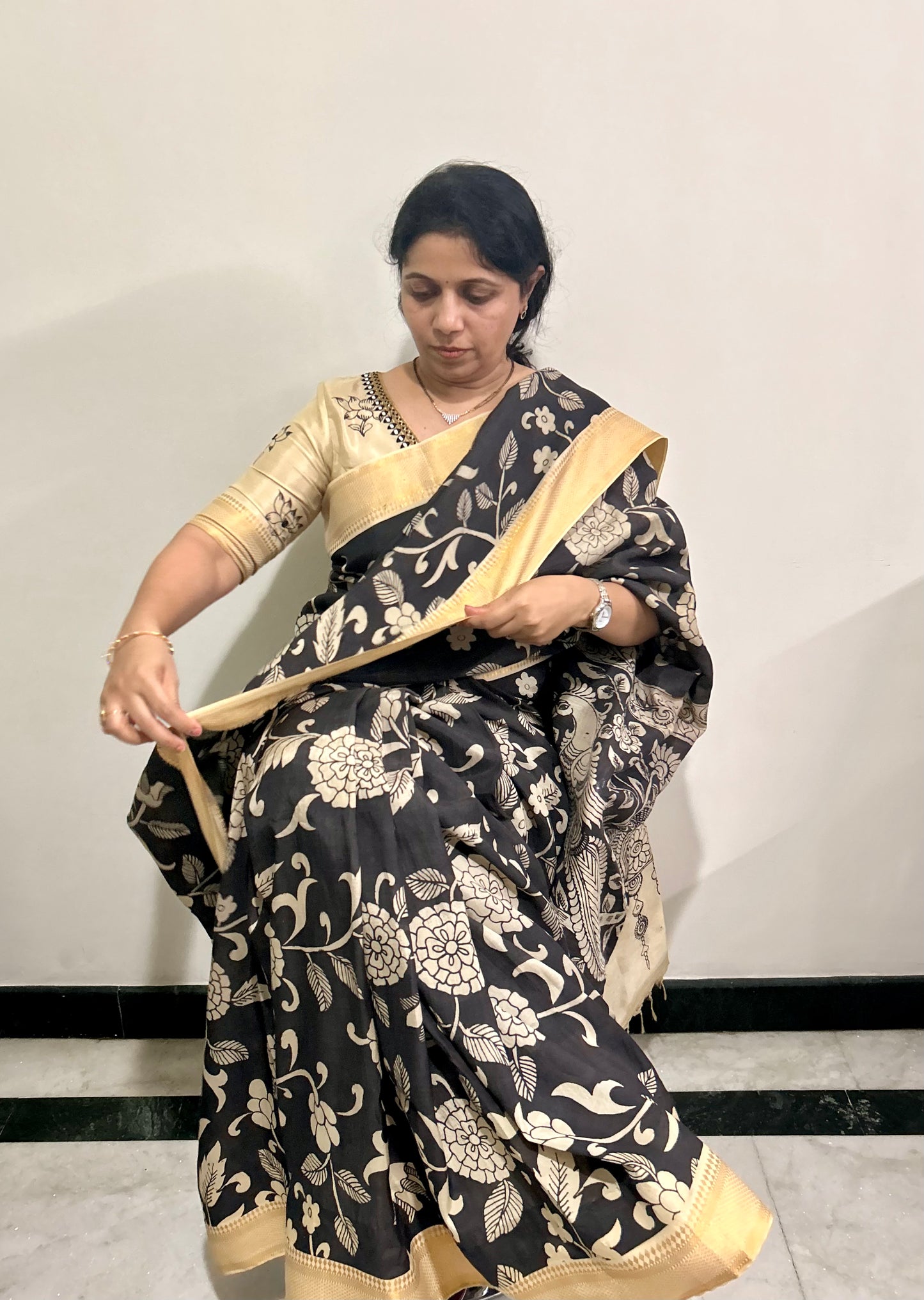 Black Pen Kalamkari Bangalore silk Saree
