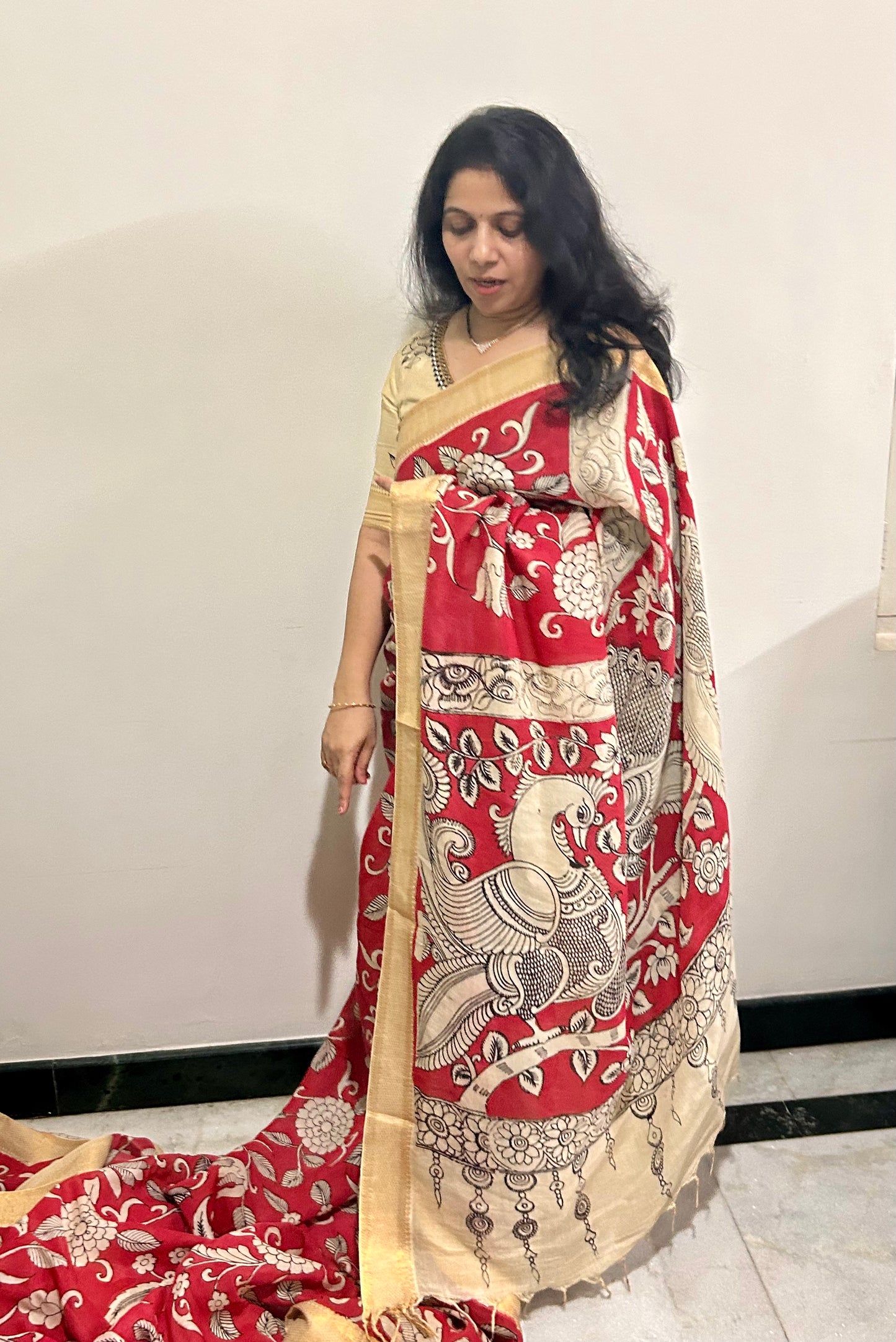 Red Pen Kalamkari Bangalore silk Saree