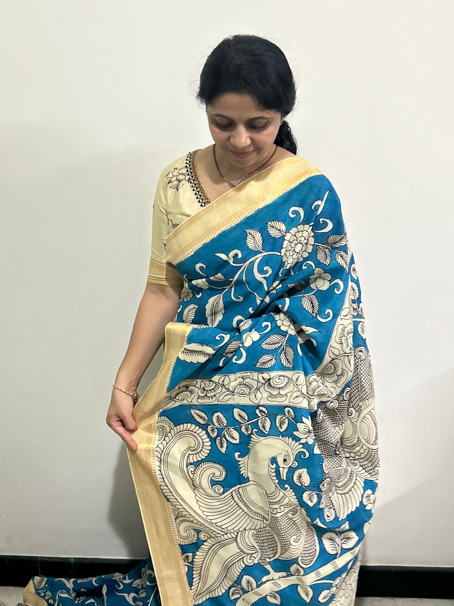 Blue Pen Kalamkari Bangalore silk Saree