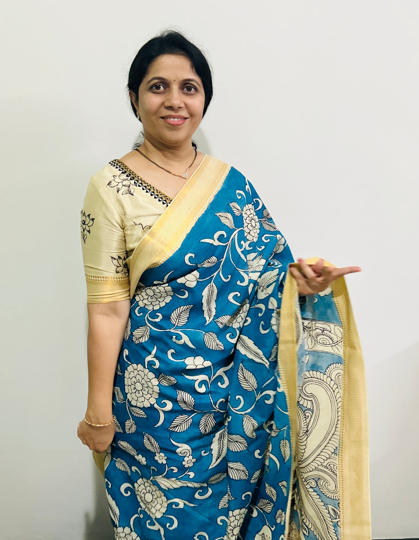 Blue Pen Kalamkari Bangalore silk Saree