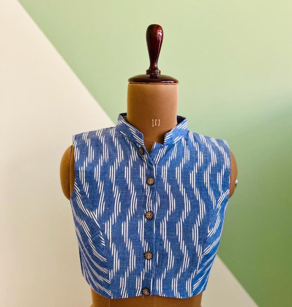Mandarin Collar Ikkat Cotton Blouse