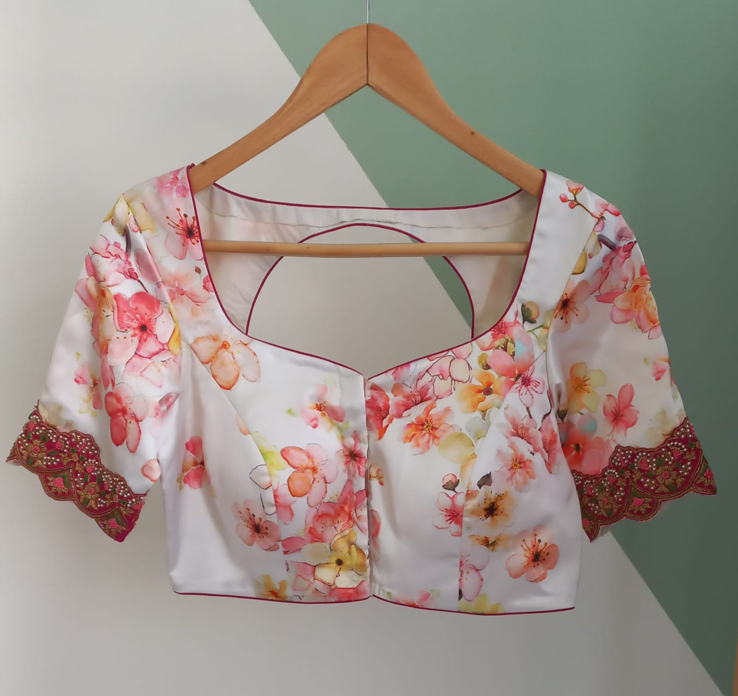 Hand Embroidered Floral Japan Satin Blouse - Made on Pre Order