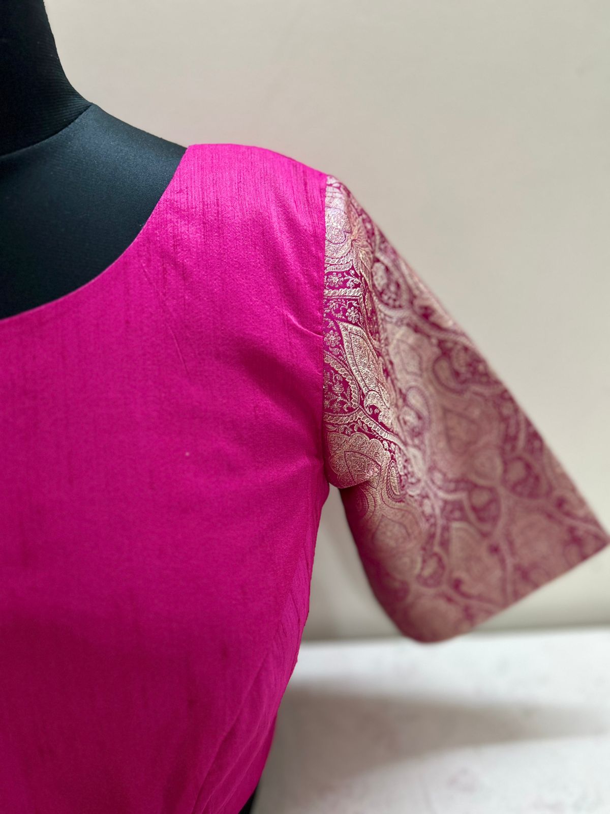 Pink boat neck Brocade Blouse