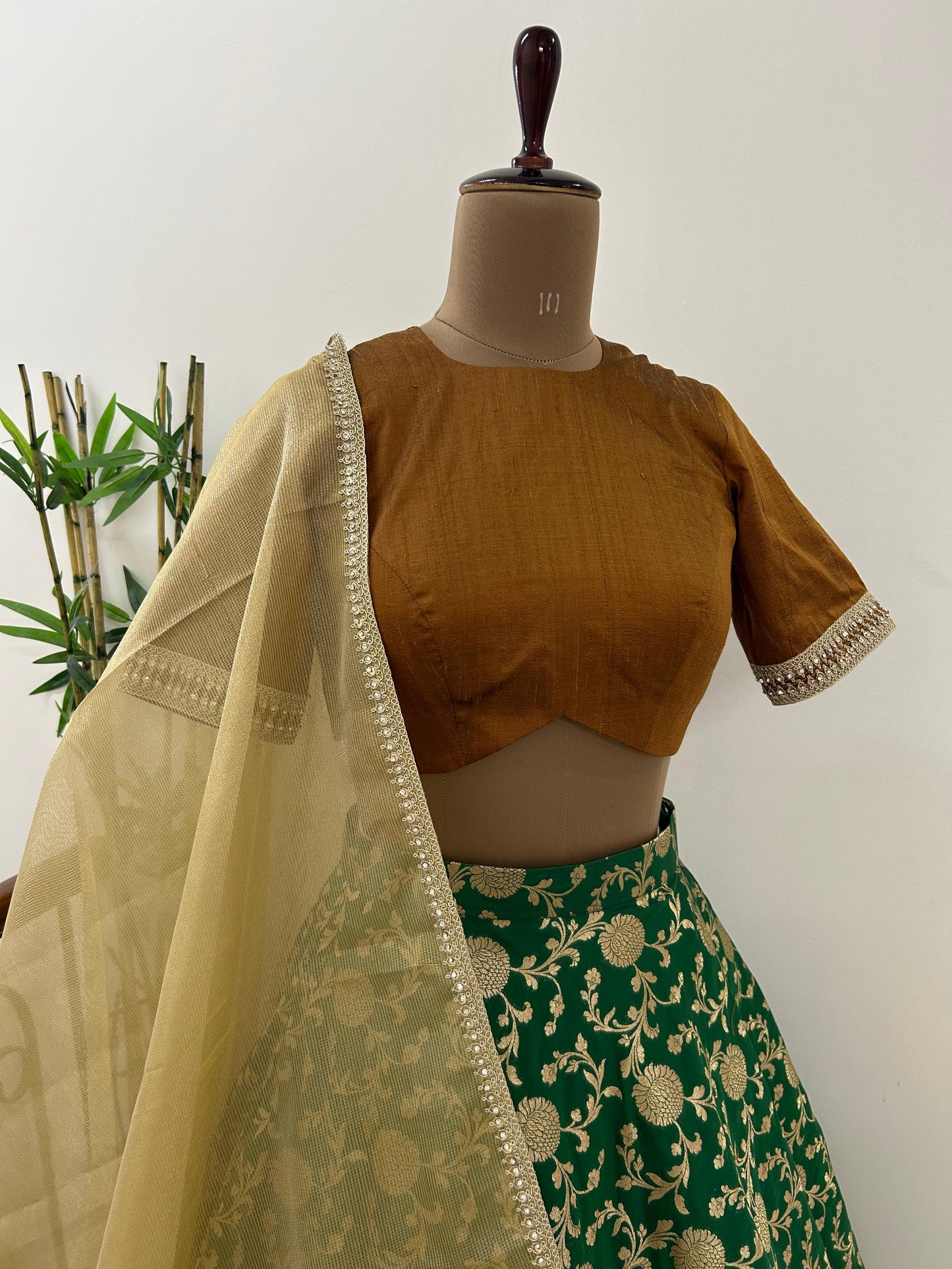 Bottle green semi brocade lehenga - Made on Pre Order