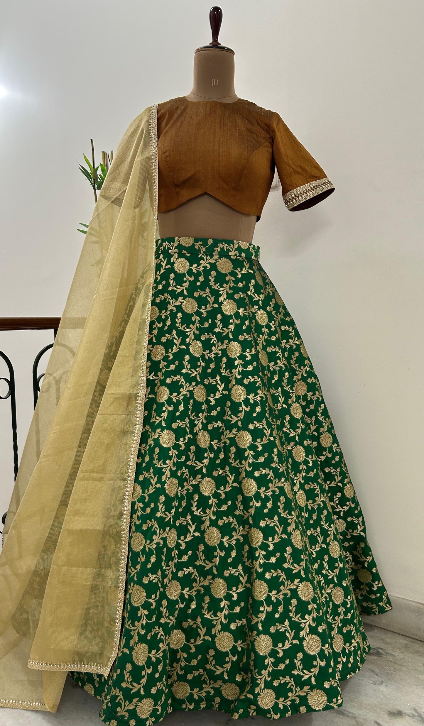 Bottle green semi brocade lehenga - Made on Pre Order