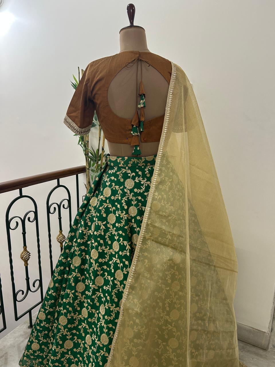 Bottle green semi brocade lehenga - Made on Pre Order