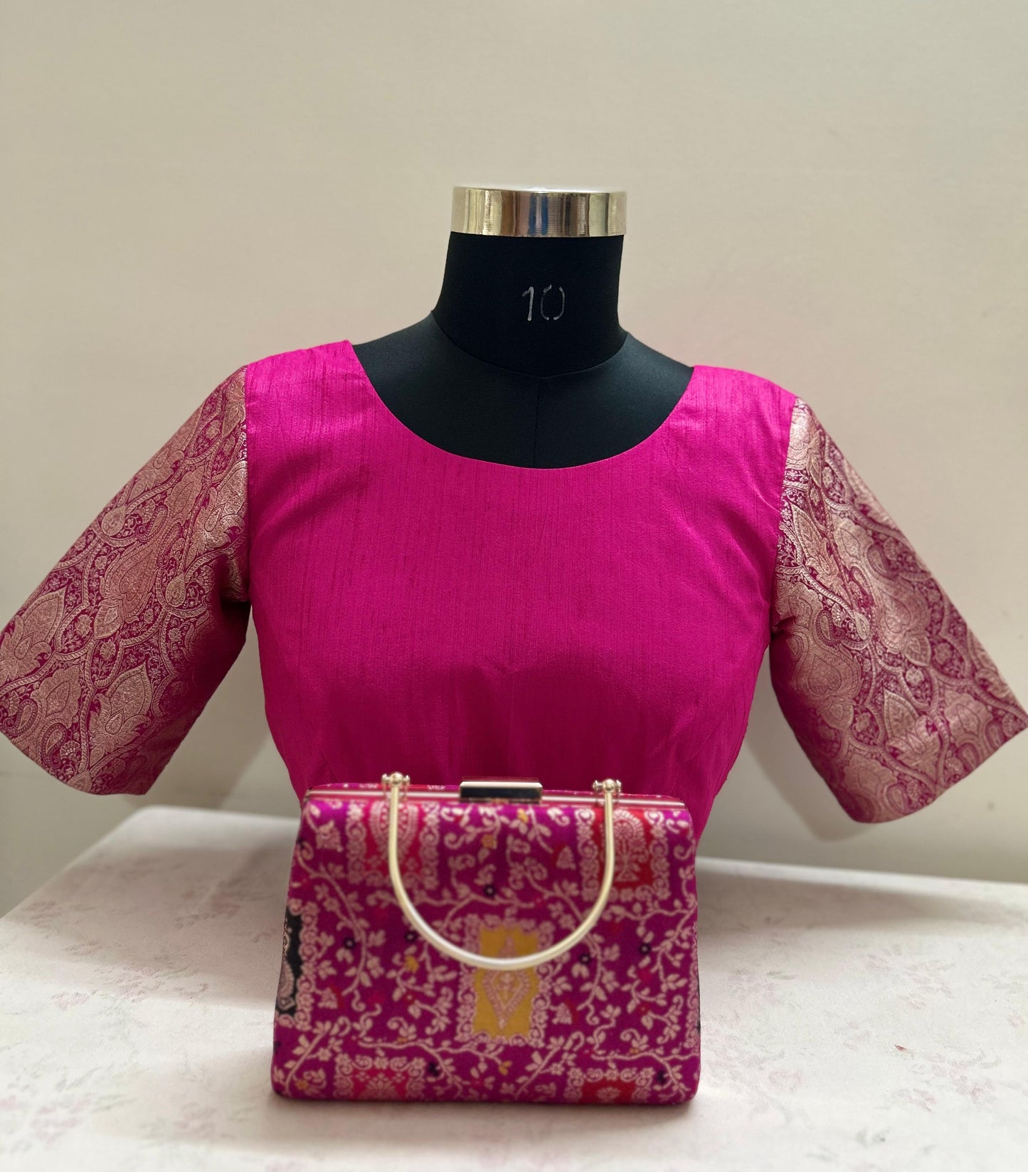 Matching Pink brocade blouse and clutch
