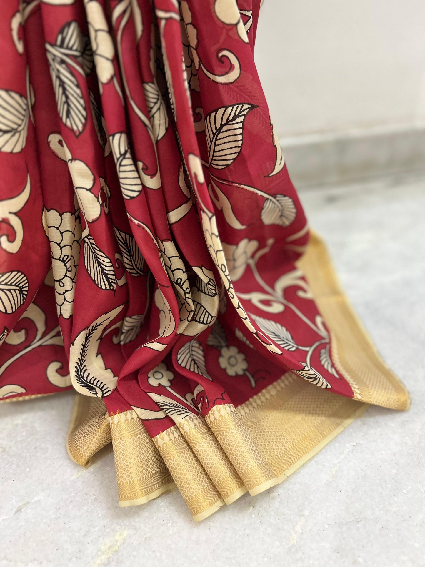 Red Pen Kalamkari Bangalore silk Saree