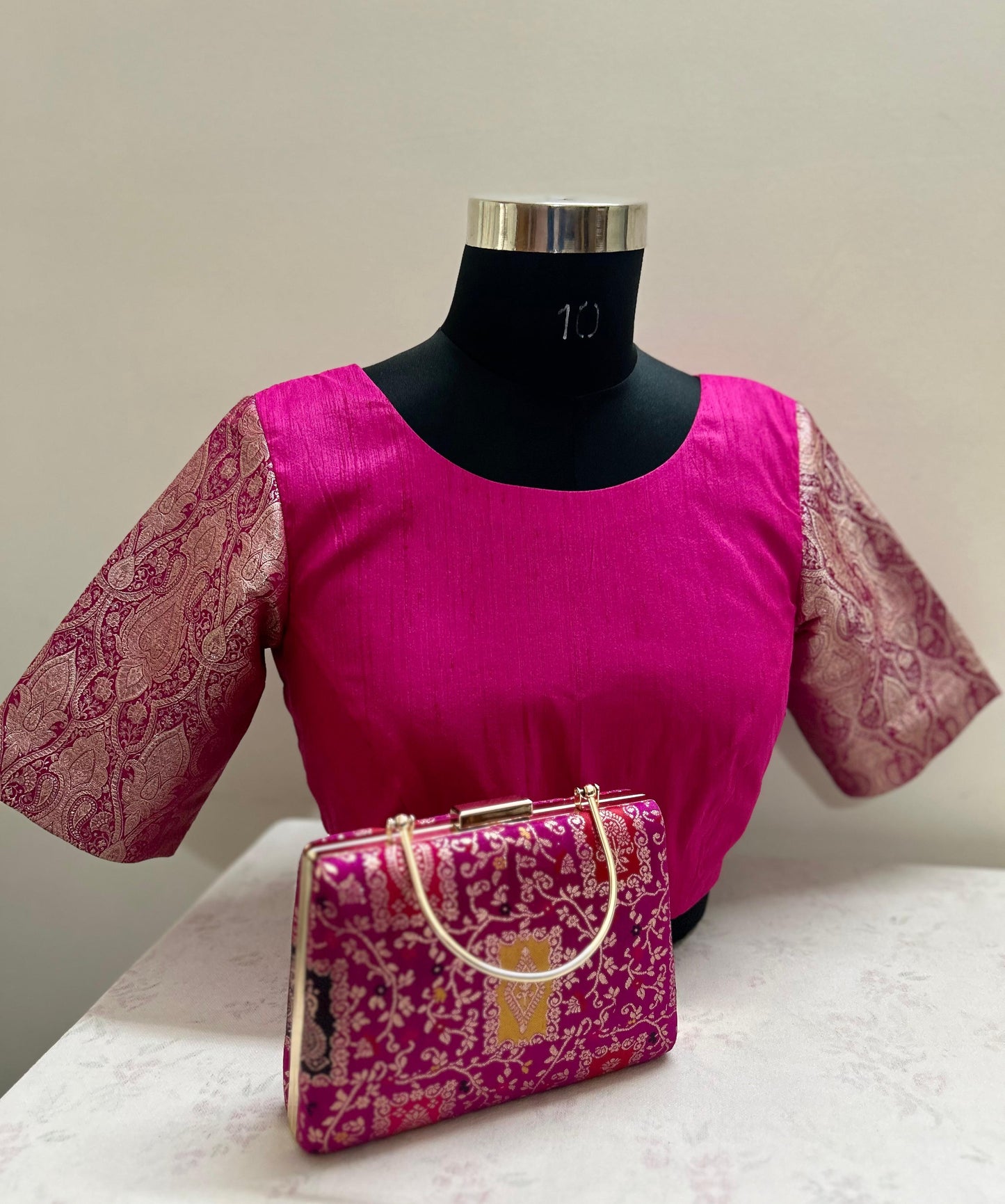 Pink boat neck Brocade Blouse