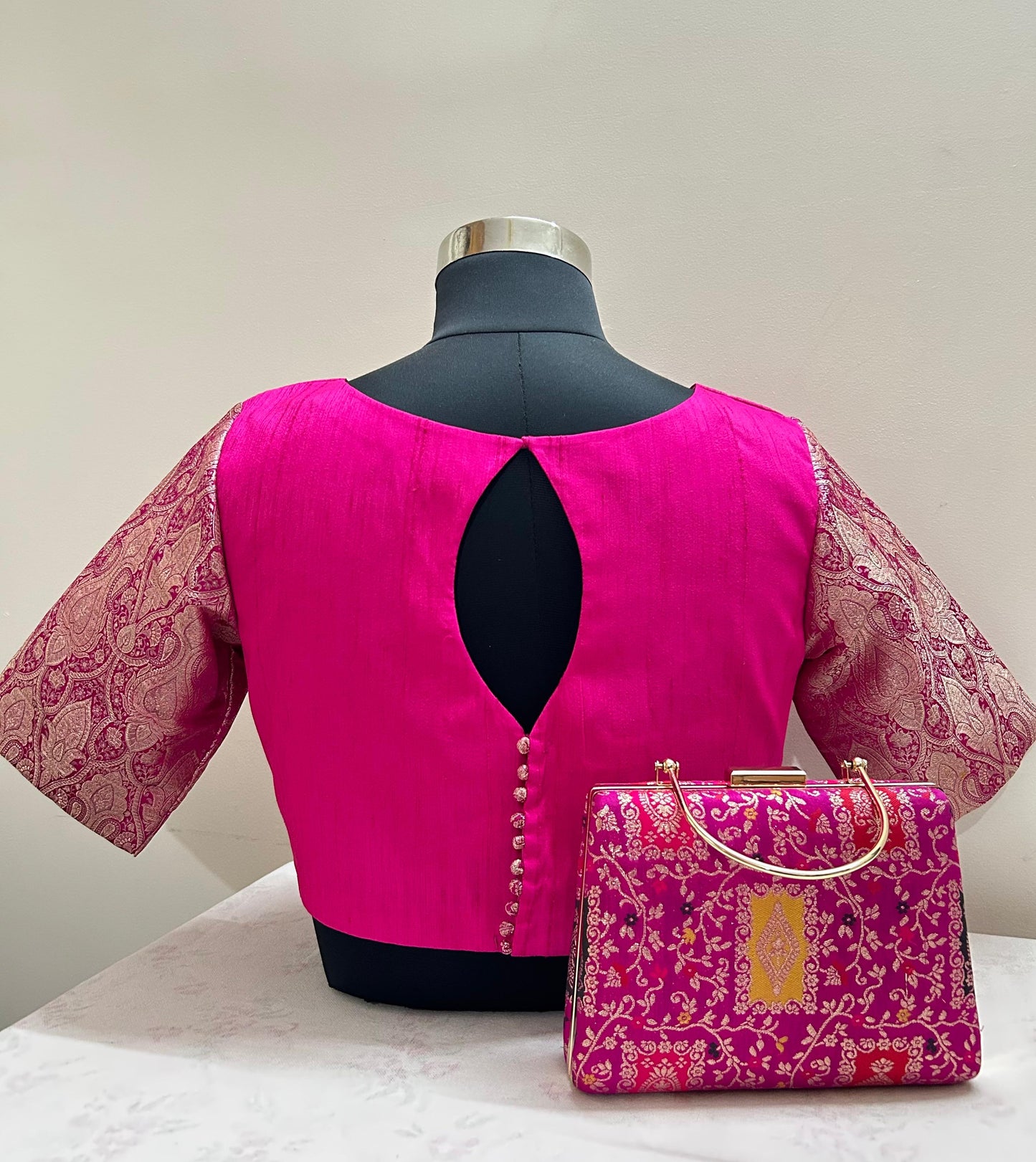 Pink boat neck Brocade Blouse