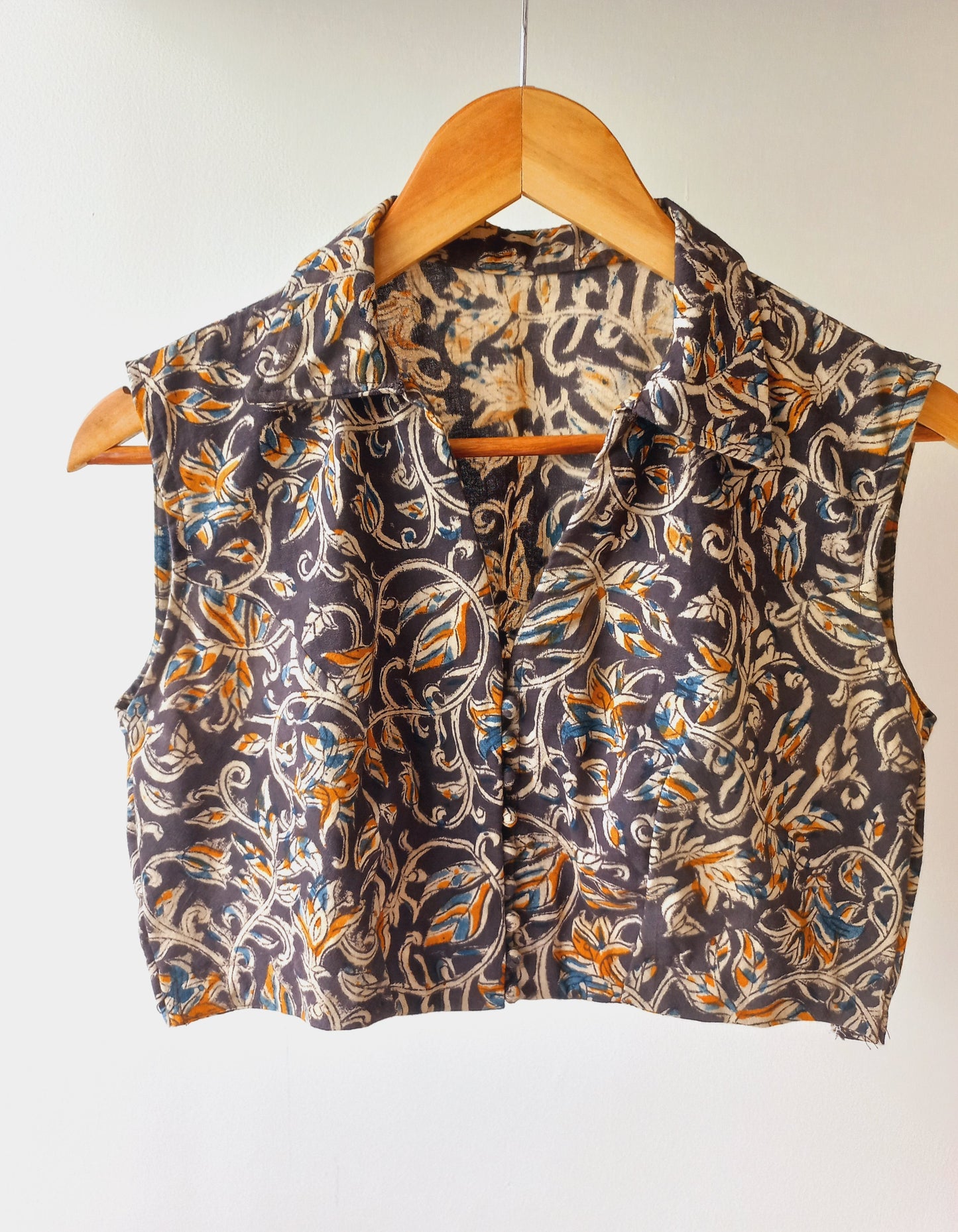 Black Sleeveless Kalamkari Cotton Blouse