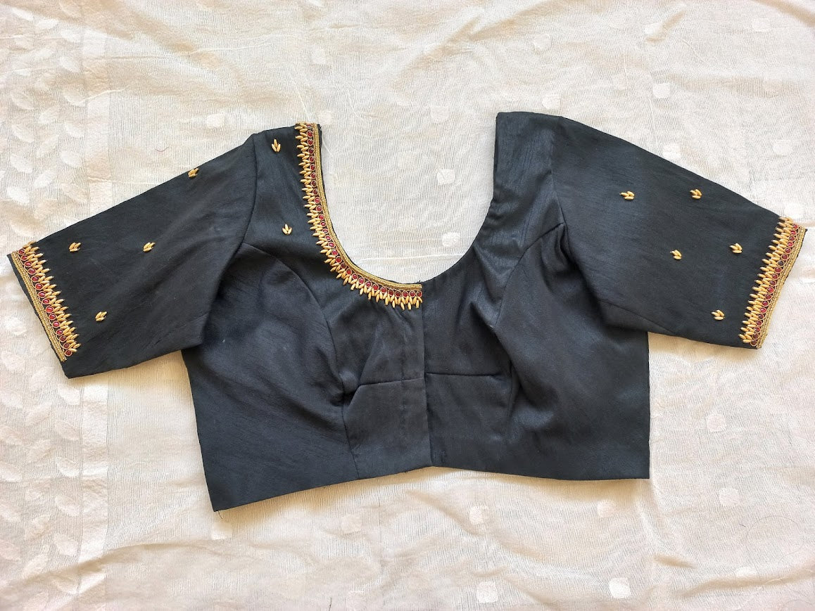 Black Hand Embroidered Semi Raw Silk Blouse- Clearance Sale!