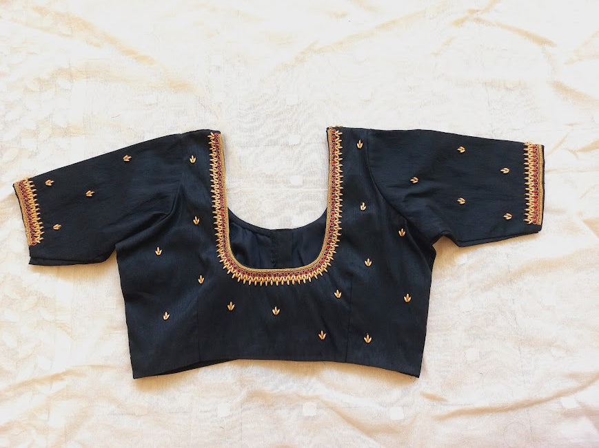 Black Hand Embroidered Semi Raw Silk Blouse- Clearance Sale!