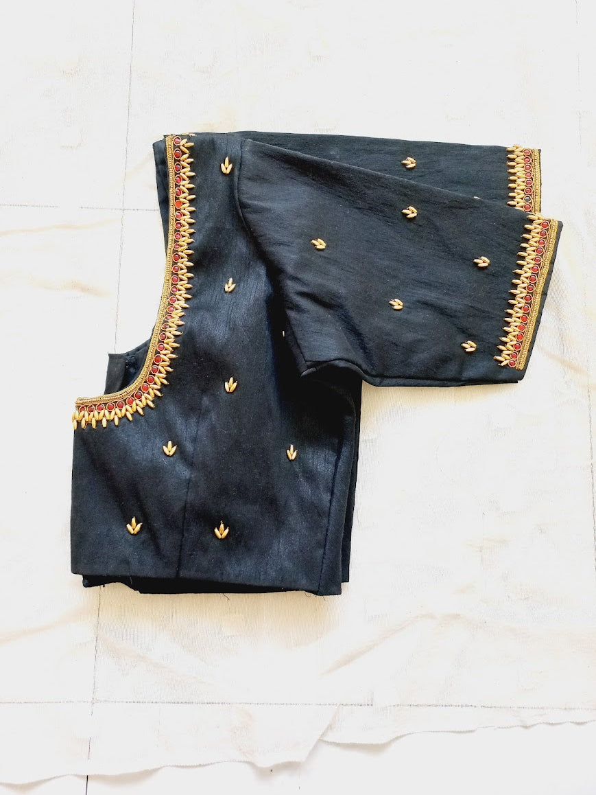 Black Hand Embroidered Semi Raw Silk Blouse- Clearance Sale!