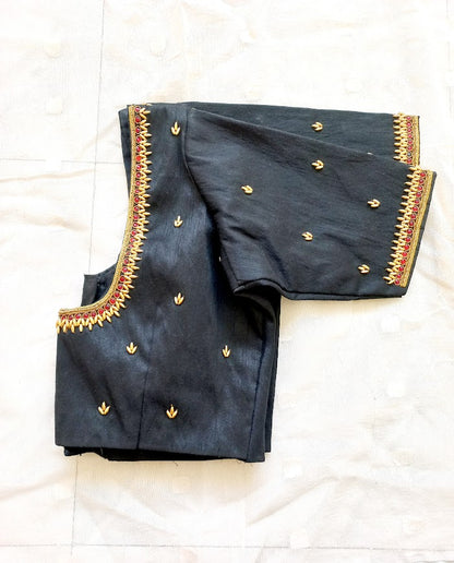 Black Hand Embroidered Semi Raw Silk Blouse- Clearance Sale!