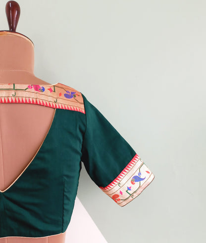 Bottle green Cotton Silk blouse with Paithani Border