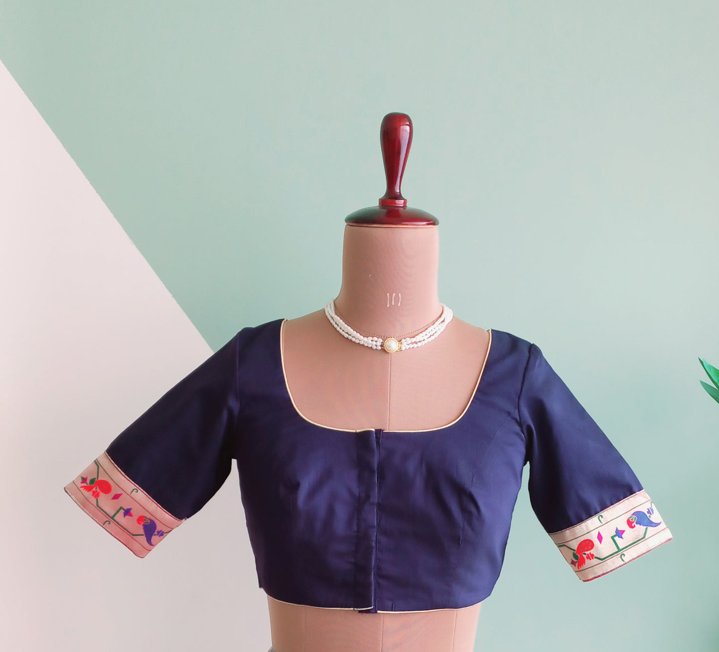 Navy blue Cotton Silk blouse with Paithani Border