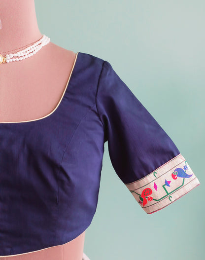 Navy blue Cotton Silk blouse with Paithani Border