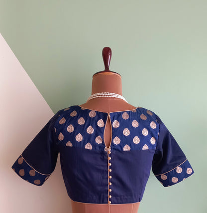 Navy blue Cotton Silk blouse with Banaras Border