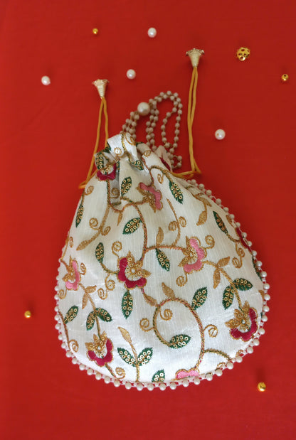 White embroidered Potli