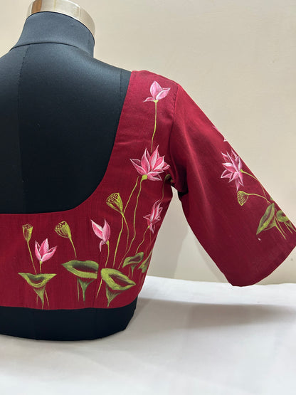 Maroon Red Silk Pichwai Hand Painted Blouse