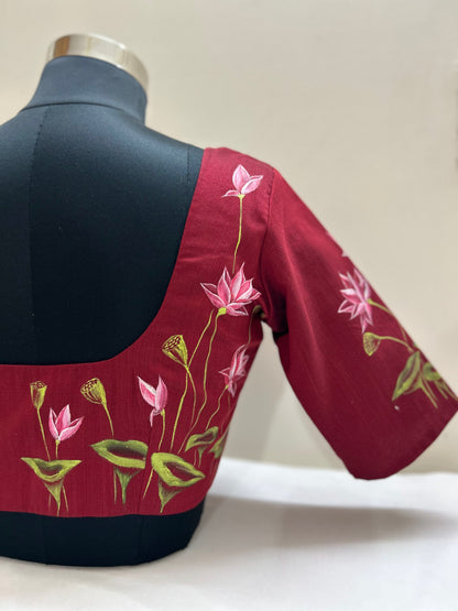 Maroon Red Silk Pichwai Hand Painted Blouse