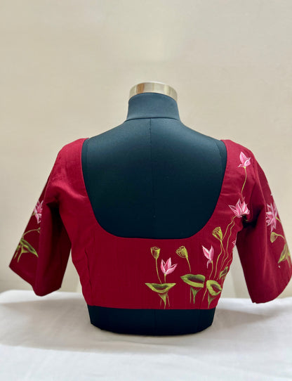 Maroon Red Silk Pichwai Hand Painted Blouse