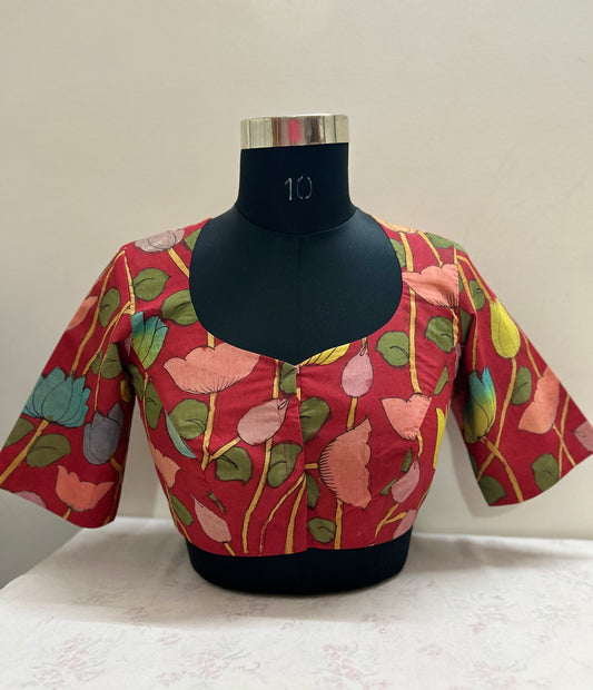 Red Pen Kalamkari Bangalore Cotton Silk Blouse