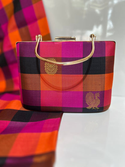 Black Palam Pazhamum Pure Kanchi silk Checks Clutch with Motifs