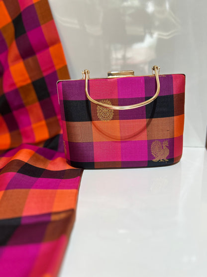Black Palam Pazhamum Pure Kanchi silk Checks Clutch with Motifs