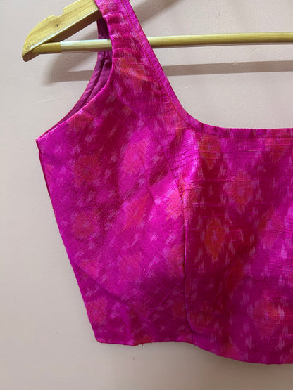 Sleeveless Fuchsia Pink Pochampally  Raw Silk Blouse