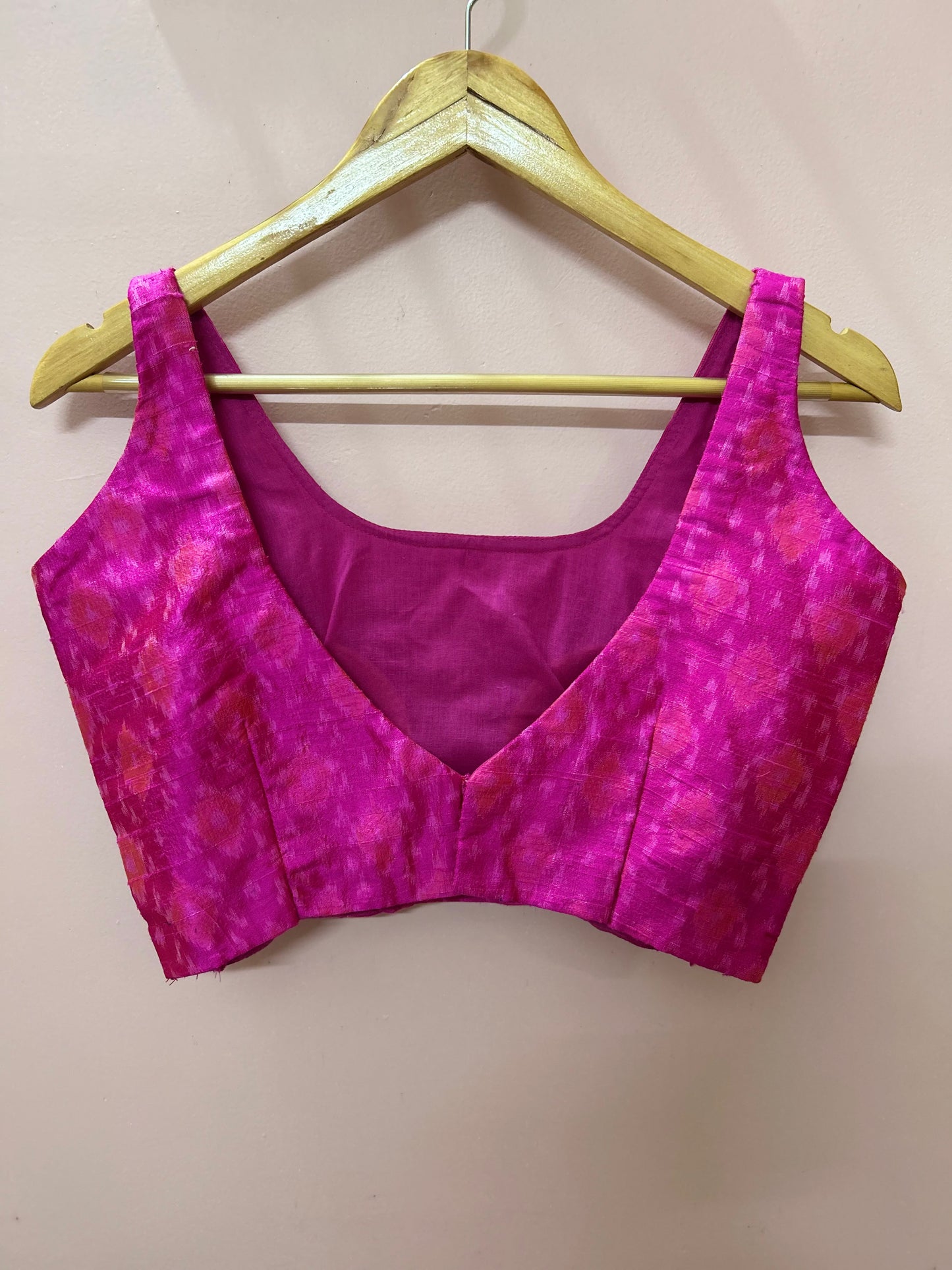 Sleeveless Fuchsia Pink Pochampally  Raw Silk Blouse