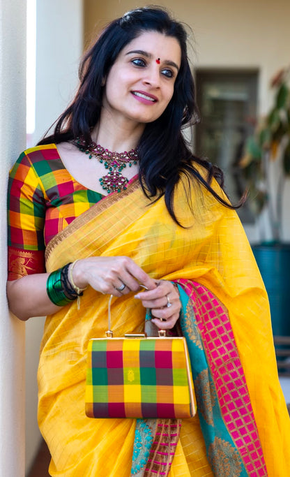 Palam Checks Silk Blouse & Clutch Combo with motifs