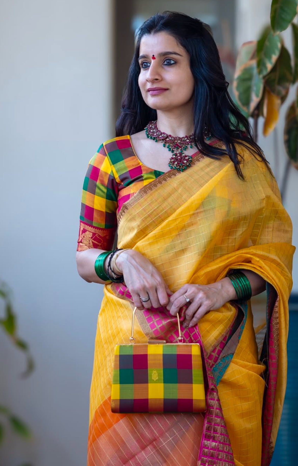 Palam Checks Silk Blouse & Clutch Combo with motifs