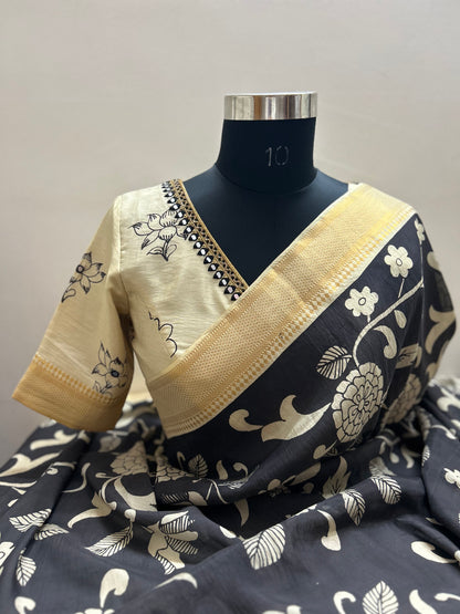 Black Pen Kalamkari Bangalore silk Saree