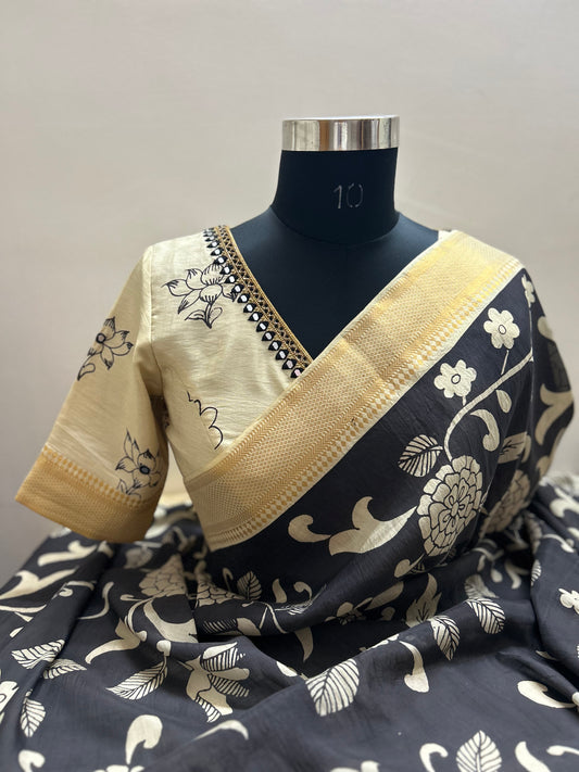 Black Pen Kalamkari Bangalore silk Saree