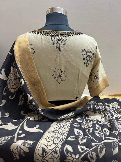 Black Pen Kalamkari Bangalore silk Saree