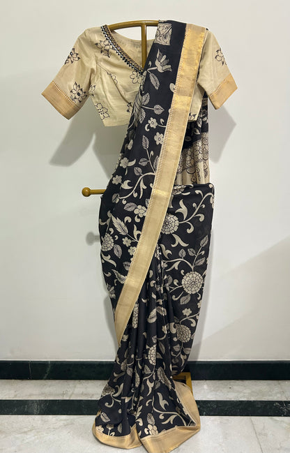 Black Pen Kalamkari Bangalore silk Saree